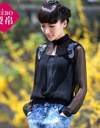 裂帛2016新款 绣花长袖雪纺 针织吊带 假两件女5114007C 黑色  M(胸围90.0/80.0)