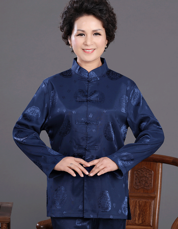男士长袖薄款春秋夏季情侣装男女唐装套装老人过寿生日 女士长袖蓝色
