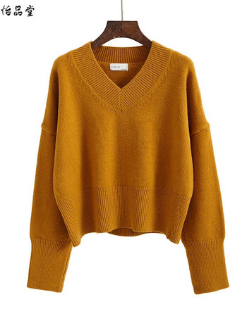毛衣女秋冬新款宽松韩版套头学生ulzzang慵懒风v领打底针织衫 姜黄色