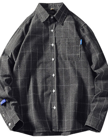 男士韩版潮流帅气格子衬衫休闲百搭修身文艺衫衣学生长袖外套 灰色