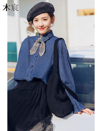 2018春季新品韩版宽松牛仔衬衫纯色长袖翻领小领带衬衣女上衣 蓝色 l