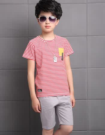 6男童夏装2018新款潮衣9儿童夏季短袖条纹12岁小男孩衣服两件套装