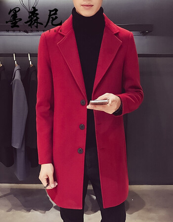 毛呢大衣男士中长款风衣韩版修身加厚呢子外套男装潮流 酒红色 2xl