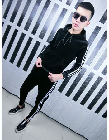 冬季男加厚金丝绒套装社会人精神小伙快手红人同款双面绒两件套 黑色