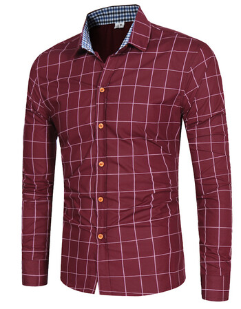 2017秋冬时尚百搭 男士格子长袖衬衫 欧 酒红色 s