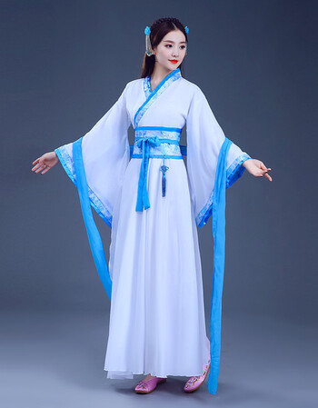 汉服女古装曲裾中国风公主仙女舞蹈服广袖戏曲出服襦裙 天蓝色 xl(165