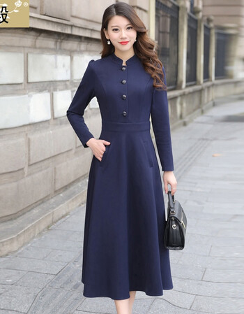 春款连衣裙2018新款女装韩版修身大码立领时尚长款过膝裙子 宝蓝 4xl