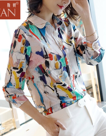 斯妍2018春夏新款女装真丝衬衫女长袖印花宽松大码桑蚕丝上衣真丝衬衣