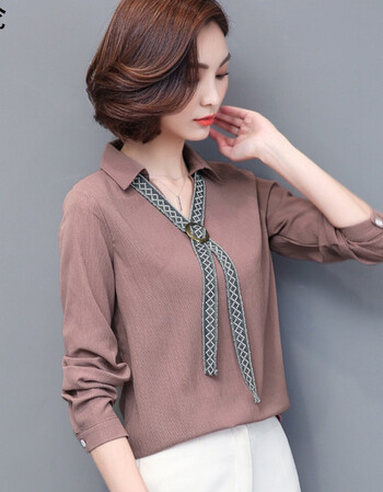 衬衫女秋上衣雪纺衫长袖v领宽松系带小衫蝙蝠袖职业打底衫百搭ol 豆沙