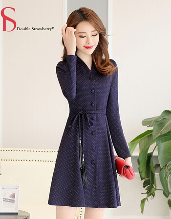 春秋装新款韩版修身收腰长袖连衣裙a字裙子中长款秋冬打底裙 艾青色 m