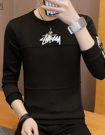 男士t恤长袖春装上衣服男装外套春季青少年秋衣卫衣打底体恤小衫 黑色