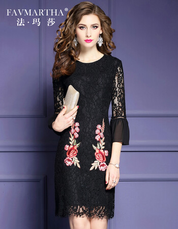 法玛莎轻奢品牌女装蕾丝连衣裙女名媛气质2018春夏季新款时尚喇叭袖