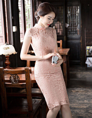 旗袍20改良蕾丝复古修身优雅女士宴会礼服中长款旗袍连衣裙 粉红 xxl