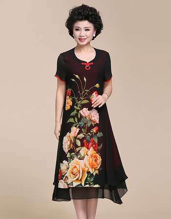 中年妈妈夏装连衣裙中老年连衣裙女印花短袖夏装新款50岁妈妈宽松大码