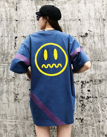 beaster 2018s/s 国潮男女款条纹鬼脸印花短袖t恤男潮牌 蓝色 l