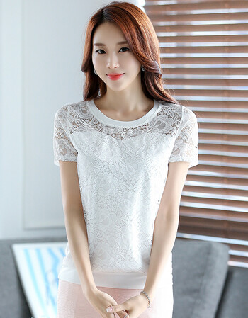 蕾丝衫女2018夏季女装韩版短袖t恤女上衣修身百搭大码白色打底衫 181