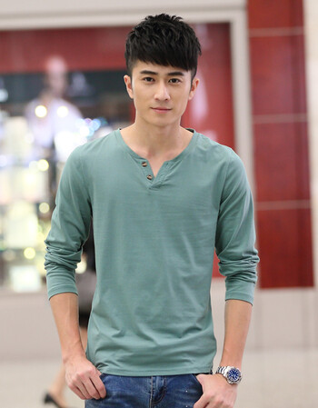 休闲男装春款t恤衫修身v领纯色薄打底小衫青年春天薄款简约秋季男士