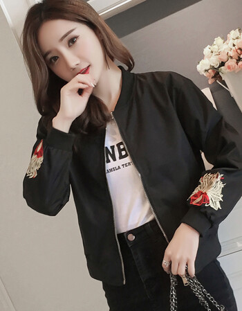 女装新款潮韩版宽松短款bf上衣刺绣棒球服长袖学生春秋外套女 黑色 s