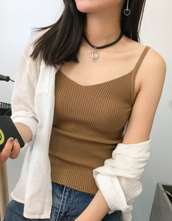 复古chic吊带背心女韩版春秋短款修身内搭无袖针织衫打底衫潮 深棕色
