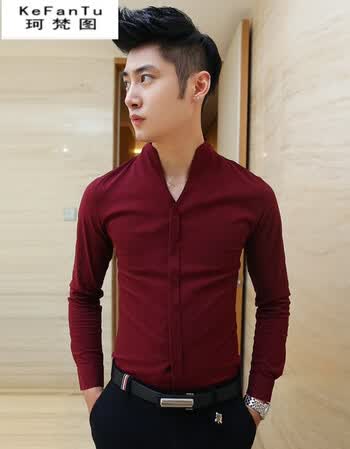新品韩版休闲男士纯色立领长袖衬衫青年男生修身百搭显瘦衬衣 酒红色