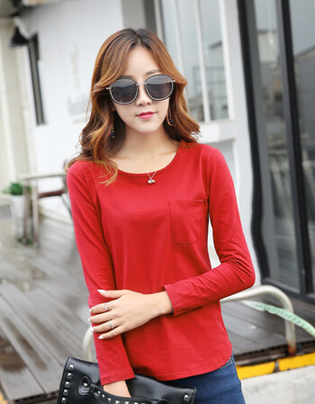 春秋新款圆领长袖t恤女纯棉打底衫修身显瘦时尚大码上衣百搭小衫 红色