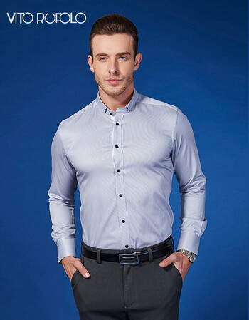 vito rufolo维阿秋季新品商务休闲纯棉修身男士灰色浅条纹长袖衬衫zh