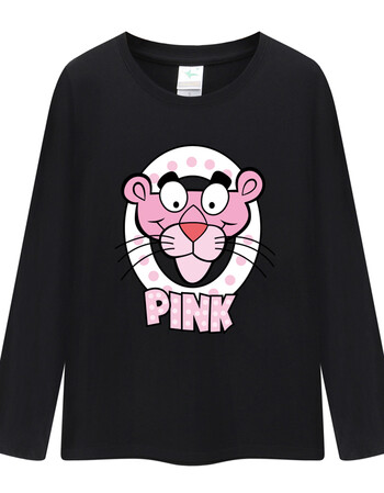 天天秋冬女装韩版百搭原宿bf风粉红豹宽松长袖t恤 大pink豹黑色 长t