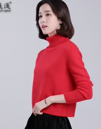 喜浅浅秋冬新款女装大码羊绒毛衣弹性针织羊毛打底衫高领女上衣 红色