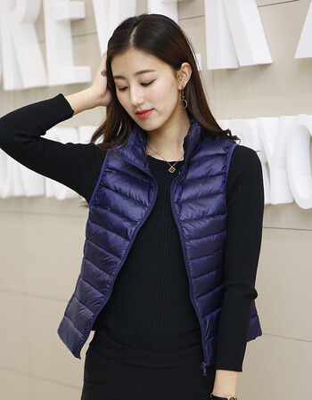 韩版羽绒背心女轻薄修身大码马甲立领羽绒服女士外套 藏青色 l