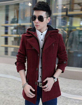 男 外套男风连帽可脱卸修身男士大码风衣 酒红色 m