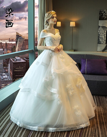 染画婚纱礼服新娘2018新款欧美一字肩v领宫廷齐地冬天公主梦幻蓬蓬裙