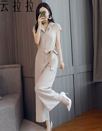 云拉拉 连体裤女夏季新款显瘦短袖阔腿裤套装连体裤女 米白 s