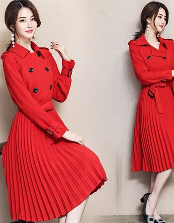 2018春装新款气质淑女风衣连衣裙女中长款修身显瘦百褶大红裙子 红色