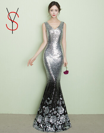 晚礼服女长款v领修身显瘦宴会主持人礼服2018新款连衣裙春季 美人鱼款