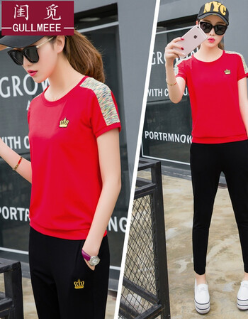 闺觅 休闲运动套装女夏款2017韩版时尚运动服女夏季短袖长裤女 红色 l