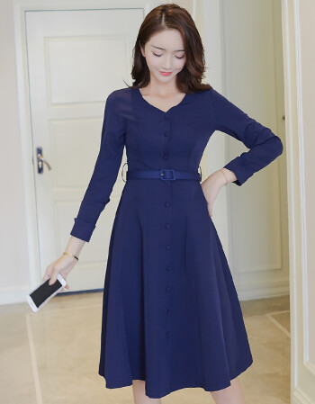 连衣裙女长袖2018新款时尚韩版修身显瘦中长款秋装单排扣裙子 深蓝色
