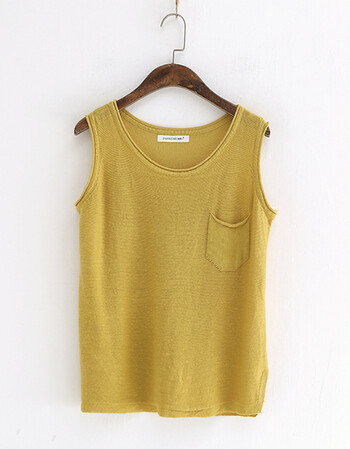 简约风多色针织苎麻小背心春夏新品女圆领单口袋马甲上衣allz 黄色