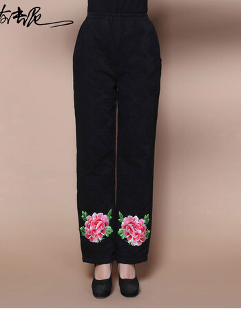 莎吉尼 2015秋冬中老年女装民族风刺绣纯棉裤大码绣花长裤子显瘦休闲