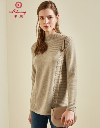 米皇mihuang 半高领100%纯羊绒女衫女式毛衣保暖羊绒衫 浅骆 115