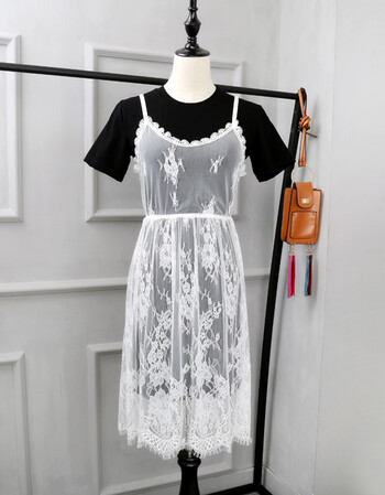 韩版透明外穿打底背心吊带蕾丝连衣裙女夏长款大码外搭网纱裙 白色