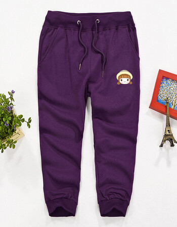 七分裤女夏薄款可爱小女孩印花纯棉小脚宽松跑步个性中裤夏装 紫色-q