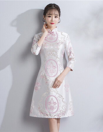 织锦缎刺绣旗袍分袖2018春新款修身改良少女中长款旗袍连衣裙 1854 l