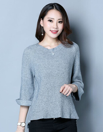喇叭袖t恤女韩版羊绒针织衫一字领短袖上衣女春秋短款针织羊绒衫 灰色