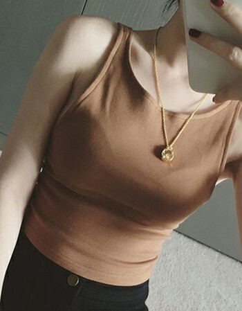 2018韩版纯色百搭短款无袖外穿衫 小内搭修身性感打底吊带背心女 棕色