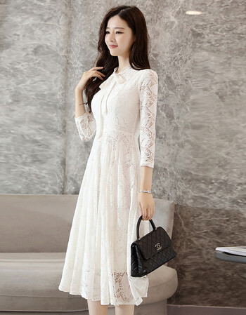 蕾丝连衣裙女中长款2017秋装韩版修身显瘦蝴蝶结白色打底a字裙子 白色