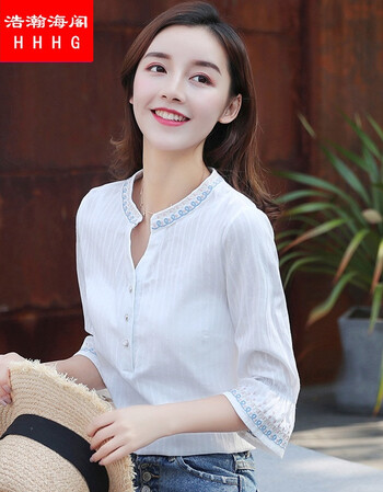 夏季新款韩版时尚修身显瘦七分袖文艺衬衫女短袖宽松小清新中袖上衣