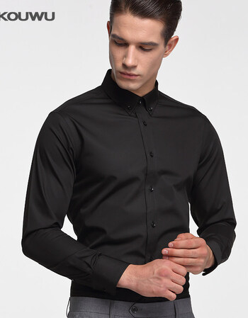 蓝色衬衫男长袖修身型免烫纯色商务正装蒙口坞休闲西装衬衣春季 黑色