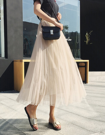 网纱半身裙女中长款蓬蓬裙2018春韩版闪光a字裙长裙子纱裙夏 杏色