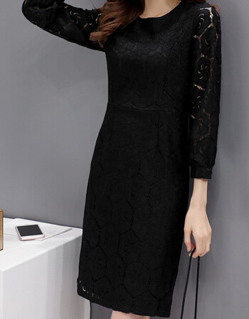etgaz2017春夏女装韩版中长款蕾丝连衣裙修身九分袖高腰钩花镂空打底