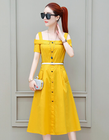 一字露肩连衣裙女中长款夏2018新款韩版修身裙子夏装时尚中裙女装